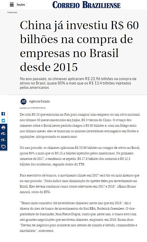 China j investiu R$ 60 bilhes na compra de empresas no Brasil desde 2015